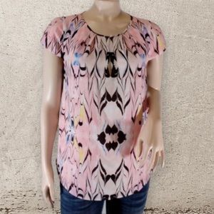 J. Crew Pink Marble/Ink-Print Short Sleeve Blouse Size 2 Pleated Neckline